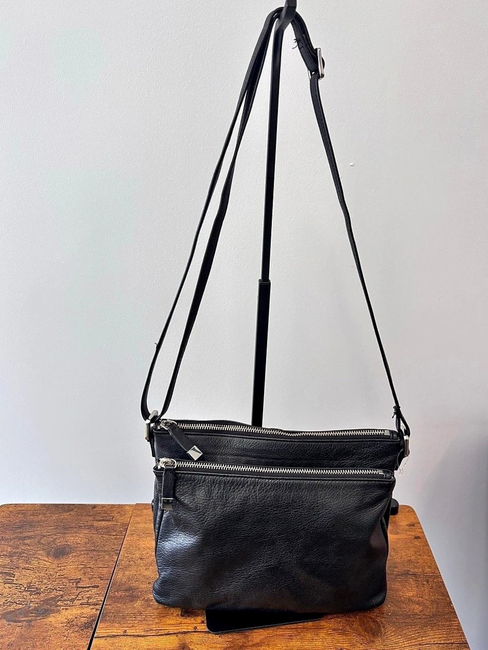 Margot New York Black Leather Double Zip Crossbody Shoulder Bag